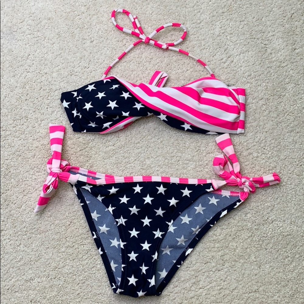 European pink & navy blue stripes & stars bikini